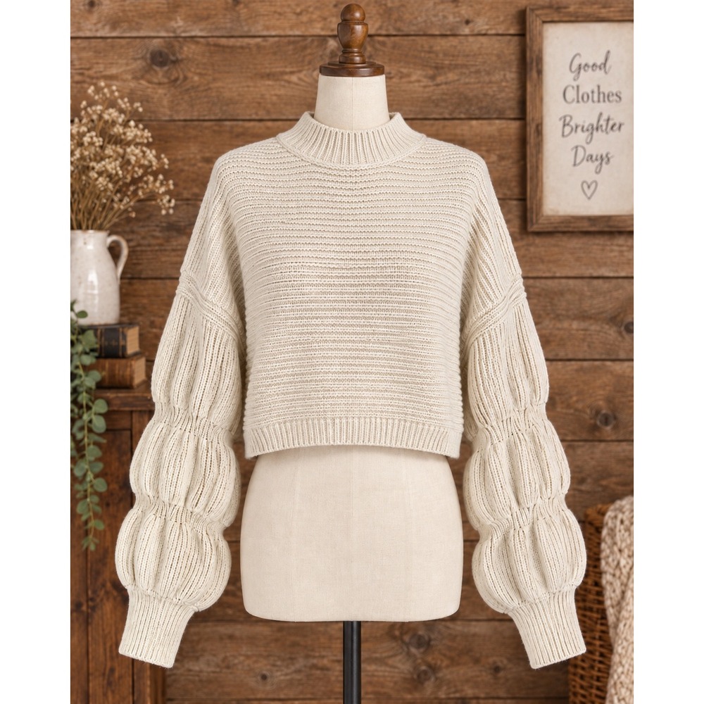 Miou Muse M Cream Oversized Mock Turtleneck Chunky Knit Sweater Boho Cozy